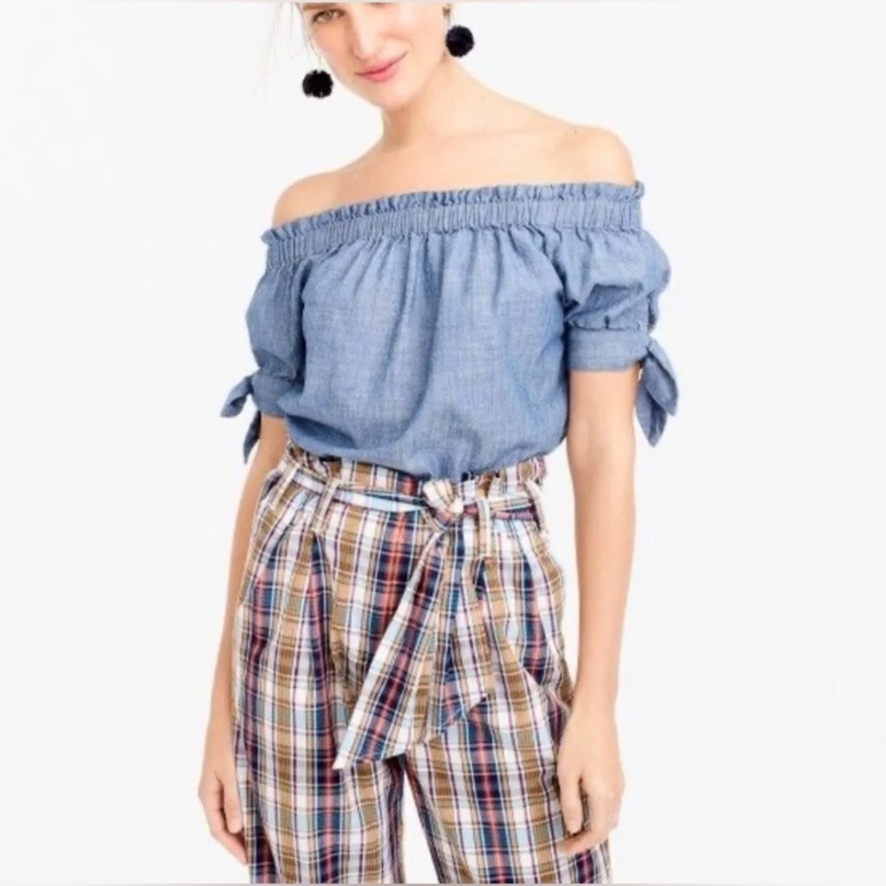 J Crew Off the Shoulder Tie Sleeve Chambray Top S